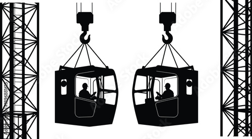 Suspended tower crane operator cabins lifted by hooks between steel structures, silhouette illustration isolated on white background for construction industry 