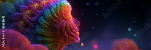 Abstract digital artwork depict futuristic human profile radiant neon tone copy space.