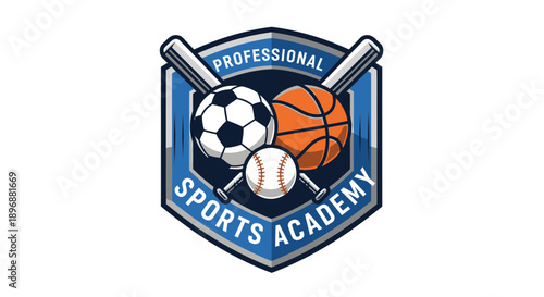 Professional Sports Academy Logo with Soccer Basketball and Baseball.