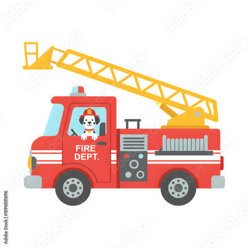Colorful Cartoon Fire Truck with Dog Mascot and Fire Department Logo