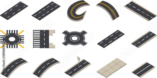 Isometric Road and Intersection Elements Vector Set for City Map and Game Design