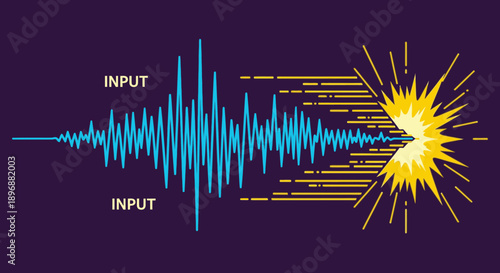 A dynamic illustration depicting an energetic sound wave transforming into a powerful, explosive burst, symbolizing impact or a shockwave.