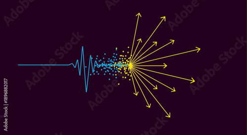 An intricate blue waveform transforms into energetic particles, culminating in a vibrant yellow burst that radiates directional arrows across a dark, expansive background.
