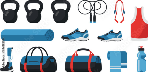 Gym and Fitness Equipment Vector Set with Workout Accessories Sports Gear Illustration