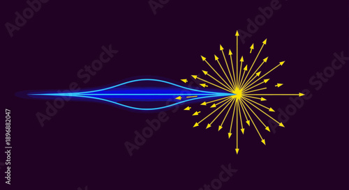 A vibrant blue energy beam collides with a central point, creating a spectacular burst of yellow particles, illustrating complex scientific interactions.