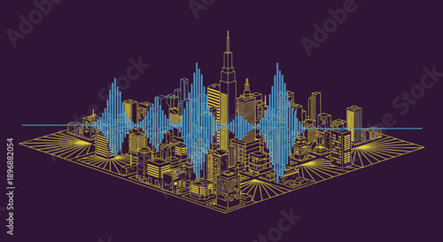 A vibrant digital sound wave pulsates over a futuristic isometric city skyline, illustrating the interconnectedness of urban life and modern technology with data visualization.
