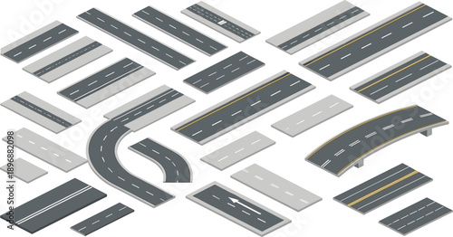 Isometric Road Segments and Highway Elements Vector Set for City Map Design