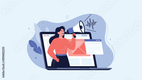 Energetic woman on a laptop screen uses a megaphone to announce a big sale or promotion to an online audience in a digital space.