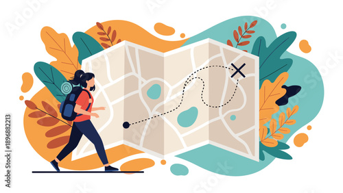 Young female traveler with a backpack follows a planned route on a large map while exploring the outdoors and finding her way.