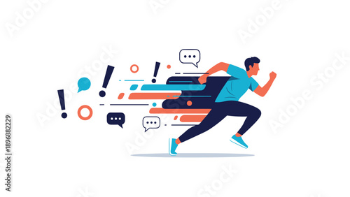 Fast runner surges ahead with intense focus as colorful motion lines and exclamation points emphasize his incredible speed and power.