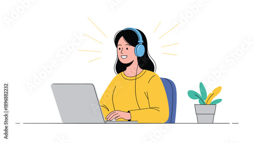 Happy young woman wearing blue headphones works on her laptop and enjoys music while rays of inspiration shine around her head.
