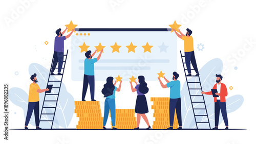 Diverse team of people putting golden stars on web interface to show high customer satisfaction and positive feedback.