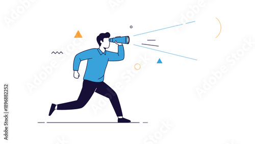 Energetic businessman running forward while looking through a blue telescope to search for future opportunities and growth.