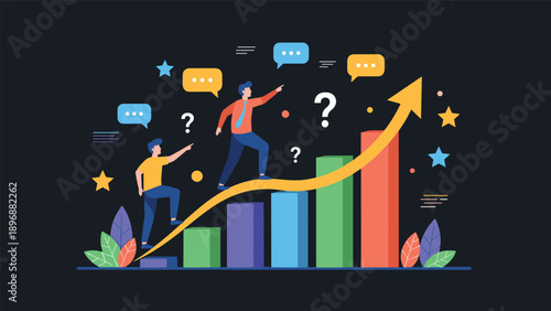 Ambitious businessmen climbing up growing bar charts with question marks and stars symbolizing path to success and analytics.