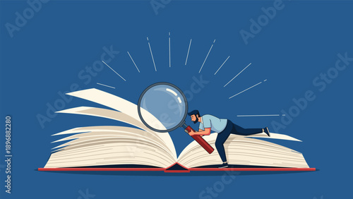 Small man examining a giant open book with a large magnifying glass representing deep research, education, and investigation.