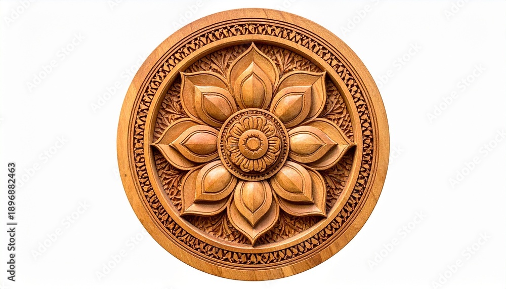 Fototapeta premium Circular wooden carving with layered floral motif—central core, six inner petals, expanding petal rings, outer geometric border—ornate craftsmanship showcasing symmetry and traditional woodwork.