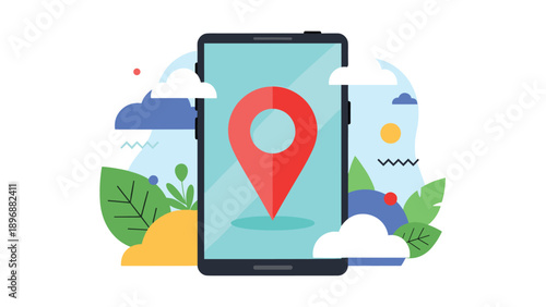 Mobile phone displaying a large red location pin for map navigation and local discovery services in a colorful outdoor setting.