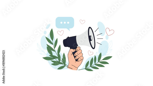Hand holding a megaphone with heart icons and speech bubbles to communicate love, messages, or marketing announcements.
