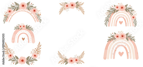 Set of pastel rainbow illustrations with floral decorations