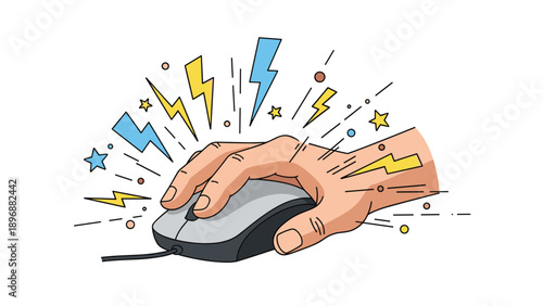 Hand clicking on a computer mouse with lightning bolts and stars to represent fast internet speed or gaming excitement.