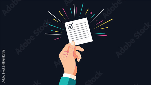 Person holding a paper with a checkmark and rays in the background representing successful test, agreement, or completion.