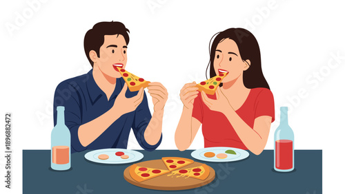 Happy young couple enjoying a romantic dinner together while eating slices of pizza and drinking red and white wine.