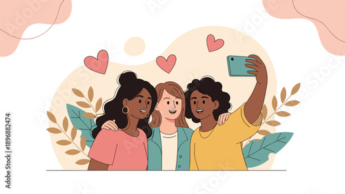 Three diverse female friends smiling and taking a group selfie with a smartphone while surrounded by hearts and leaves.
