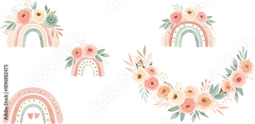 Watercolor floral rainbow illustrations in pastel colors on white background