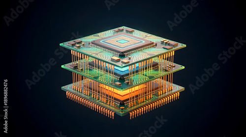 3D render of a futuristic GPU chip stack cross-section, illustrating advanced semiconductor packaging and AI hardware architecture for enterprise technology.