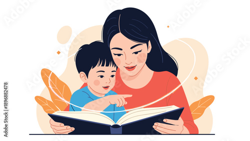 Loving mother reading an interesting book to her young son for education and childhood development at home.