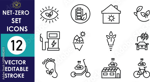 Net zero set icons showing sustainable living concepts, including eco homes, energy efficiency, recycling, electric transport, smart devices, green innovation, and climate-friendly lifestyle solutions