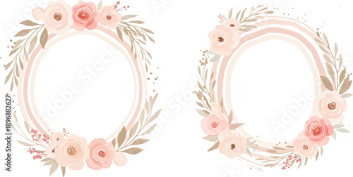 Watercolor floral oval frames with peach and pink flowers and greenery