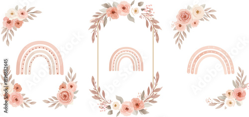 Watercolor floral rainbow illustrations with flowers and leaves in pastel colors