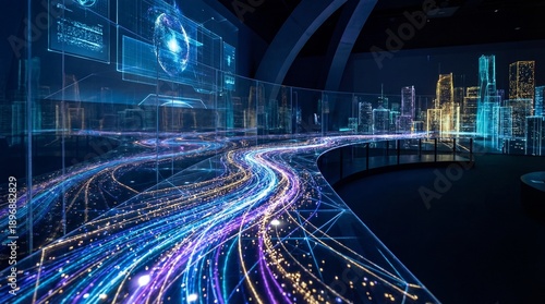 Wallpaper Mural Digital Metropolis: A vibrant, futuristic cityscape glows with interconnected data streams, representing the seamless flow of technology and innovation in a modern urban environment.  Torontodigital.ca