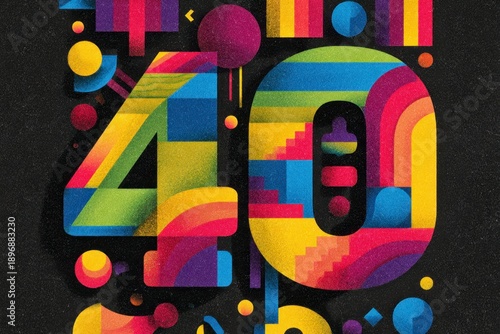 Colorful geometric illustration of number forty on black backdrop