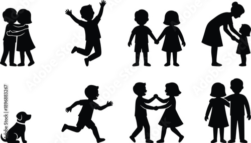 Children silhouette set kids playing holding hands running hugging with dog family vector collection black icons isolated illustration bundle pack