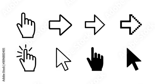Vector computer mouse cursor icons, hand pointer symbols, click and arrow signs, for website or app UI, isolated on transparent background, png