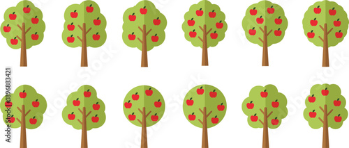 Apple Tree Icons Set With Green Canopy And Red Fruits In Different Shapes Flat Vector Illustration