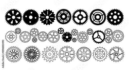 Vector gear icons set, mechanical cogs and wheels, for engineering, technology or industrial design, isolated on transparent background, png
