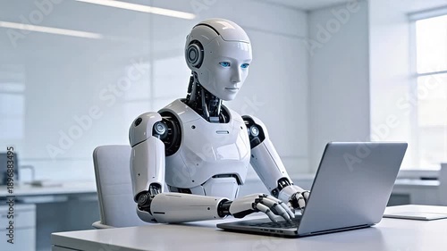 Humanoid robot working on laptop