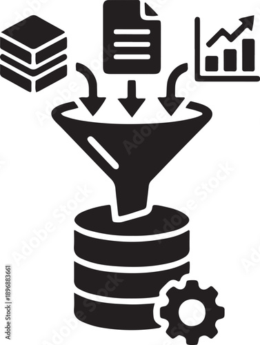 A funnel collecting data from documents, charts, and stacks, pouring it into a database with a gear.