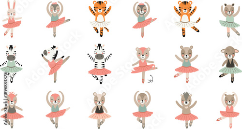 Cute Animal Ballerina Characters Collection With Bunny Zebra Tiger Bear And Mouse Dancers In Tutu Dresses Flat Vector Illustration