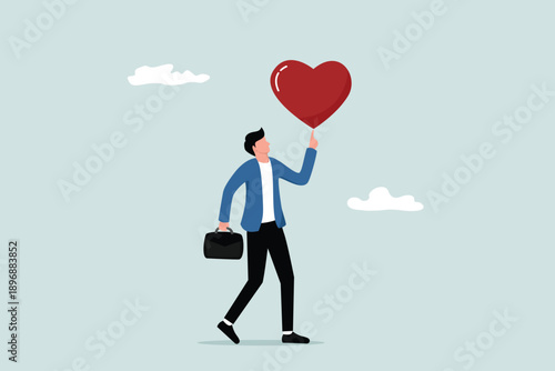 Work spirit to motivate and inspire employees to achieve career success, love their work, happy entrepreneurs holding a heart shape full of enthusiasm walking towards work.