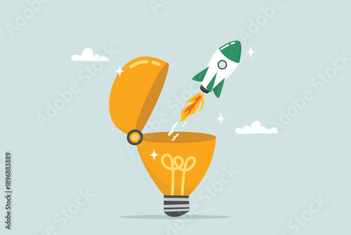 Innovation to launch new ideas, entrepreneurship or start-up companies, breakthrough idea concepts, innovative rocket launches that fly high from brilliant ideas that emerge.