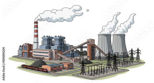 Industrial Power Plant with Cooling Towers and Smokestacks.
