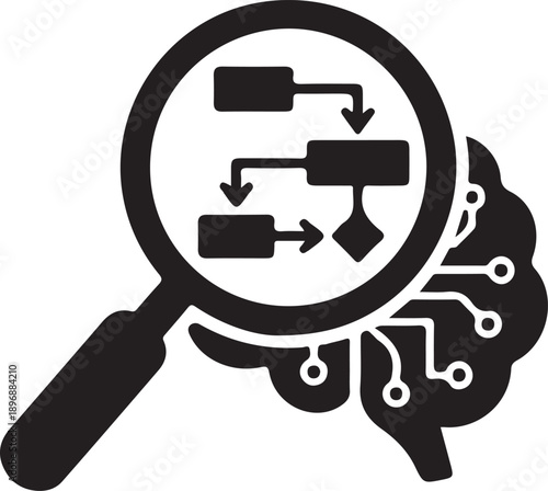 A magnifying glass hovering over a brain, revealing a clear  flowchart structure inside.