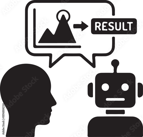 A human profile and a robot facing each other, with the robot "explaining" a visual result (image/chart) in a speech bubble.