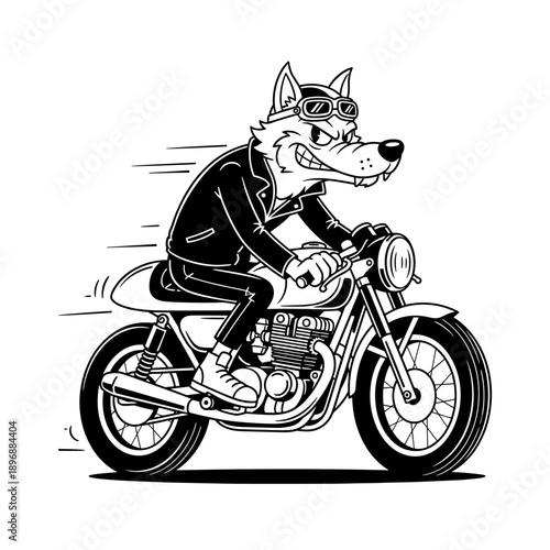 Cool wolf character riding a vintage motorcycle with speed lines.