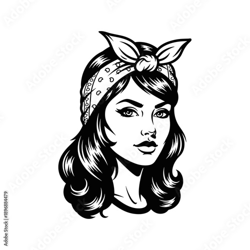 Vintage Pin Up Girl with Bandana Hairstyle Black and White Illustration.