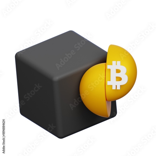 Cryptocurrency coin concept with a broken cube revealing a golden Bitcoin emblem inside